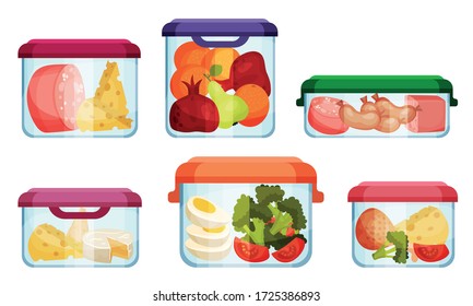 Different Food In Plastic Or Glass Containers Vector Set