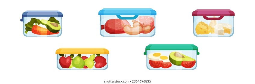 Different Food in Plastic or Glass Containers Vector Set