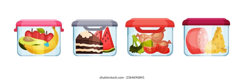 Different Food in Plastic or Glass Containers Vector Set