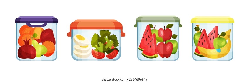 Different Food in Plastic or Glass Containers Vector Set