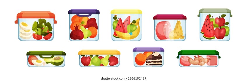 Different Food in Plastic or Glass Containers Vector Set