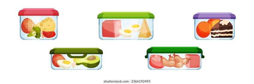 Different Food in Plastic or Glass Containers Vector Set