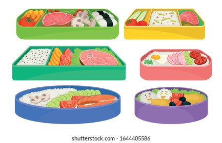 Different Food with Rice and Vegetables Served on Sectional Plate Vector Set
