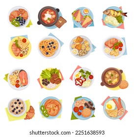 Different Food Served on Plate Above View Big Vector Set