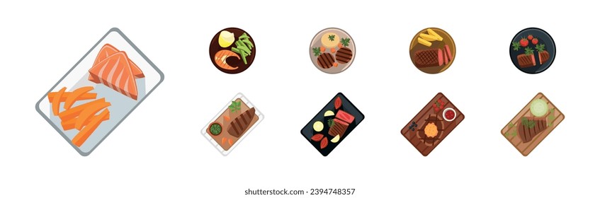 Diferentes alimentos servidos en el conjunto de vectores planos de placa y placa de corte