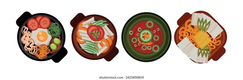 Different Food Served on the Plate Flat Vector Set
