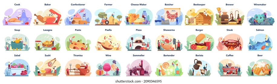 Different food set. Restaurant chef cooking meal and making drinks, collection of man and woman in apron preparing different tasty dish on the kitchen. Flat vector illustration
