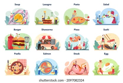 Comida diferente. El chef del restaurante prepara platos de cocina diferente. Colección de hombres y mujeres en delantal preparando sabroso plato en la cocina. Ilustración vectorial plana