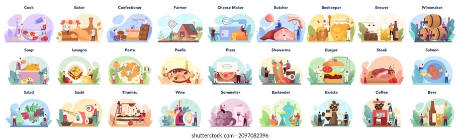Different food set. Restaurant chef cooking meal and making drinks, collection of man and woman in apron preparing different tasty dish on the kitchen. Flat vector illustration