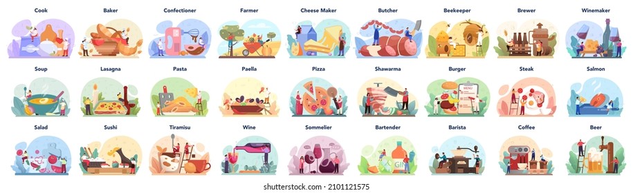 Different food set. Restaurant chef cooking meal and making drinks, collection of man and woman in apron preparing different tasty dish on the kitchen. Flat vector illustration