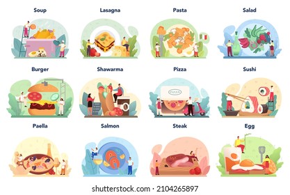 Different food set. Restaurant chef cooking meal of different cuisine. Collection of man and woman in apron preparing tasty dish on the kitchen. Flat vector illustration