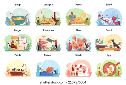 Different food set. Restaurant chef cooking meal of different cuisine. Collection of man and woman in apron preparing tasty dish on the kitchen. Flat vector illustration