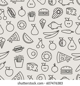 Different food silhouette icons seamless pattern. Food lineart background