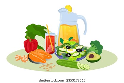 Different food as symbol of balanced diet vector illustration. Cartoon drawing of salad bowl, orange juice in jug, vegetables, fish, shrimps. Healthy eating, lifestyle, food concept