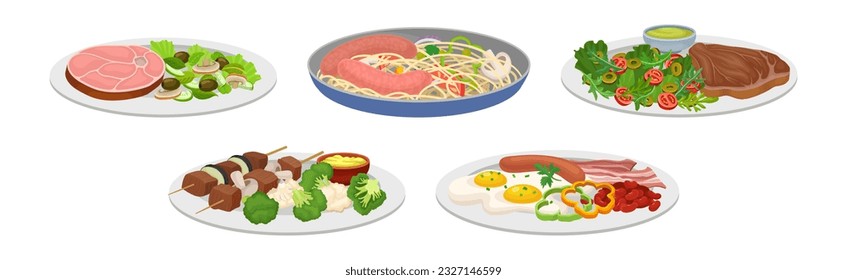 Different Food and Tasty Dish Served on Plate Vector Set