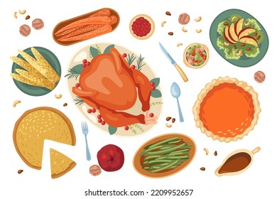 Different food for Thanksgiving dinner vector illustrations set. Top view of plates with different meals, baked turkey, pies, corn isolated on white background. Thanksgiving, holidays, food concept