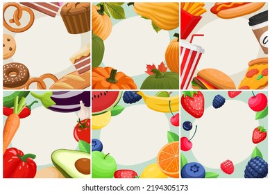 Different food topics vector templates in cartoon style. Bakery, pastry, fruits, fast food, vegetables, harvest, thanksgiving, autumn. Square Food posters.