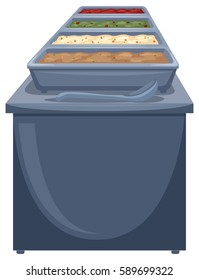 Different food in trays illustration