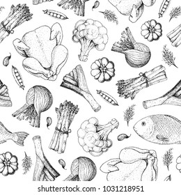 Different food vintage background. Healthy food hand drawn vector illustration. Organic products seamless pattern.