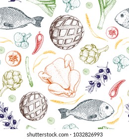 Different food vintage background. Healthy food hand drawn vector illustration. Organic products seamless pattern.