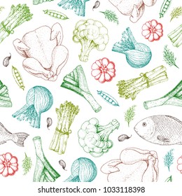 Different food vintage background. Healthy food hand drawn vector illustration. Organic products seamless pattern.