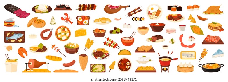 Different food of world set. Diversity ethnic cuisines collection with traditional dish of country to taste, BBQ sausages and salmon, lasagna and roast turkey, steak cartoon vector illustration