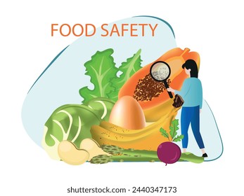 Different foods in the center and a person with a magnifying glass.Food safety concept.