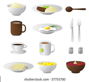 Different foods and drinks on white background