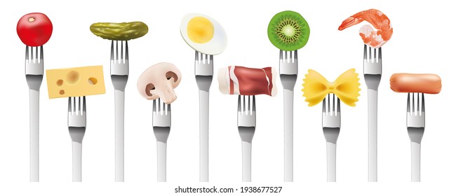 Different foods are presented at the end of a fork to illustrate gourmet recipes