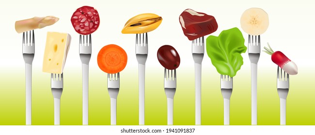 Se presentan diferentes alimentos al final de un tenedor para ilustrar las recetas gourmet