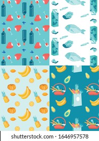 Different Foods Seamless Pattern Set. Wine Bottle, Wineglass, Strawberry, Fruits and Vegetables, Dairy and Seafood Products, Fish, Shopping Basket and Paper Bag. Vector Endless Cartoon Illustration