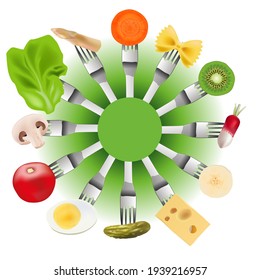 Different foods for a vegetarian diet are presented at the end of a fork to illustrate gourmet recipes.