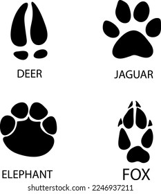 Diferentes huellas de zorro, elefante, ciervo, jaguar ilustración de garras..eps