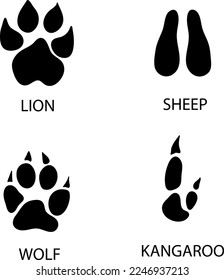 Different footprints of wolf kangaroo, lion, sheep paws illustration..eps