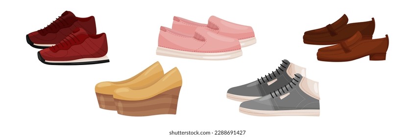 Different Footwear with Man and Woman Shoes Vector Set