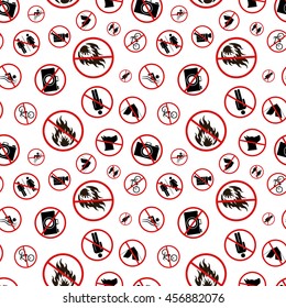 A lot of different forbidden signs on white, seamless pattern