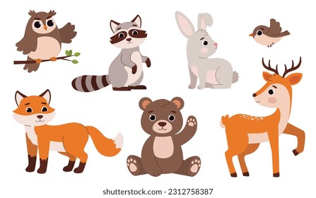 Different forest animals vector set. Raccoon, bear, fox, owl, deer, hare and bird. Biology and zoology, fauna. Stickers for social networks. Cartoon flat collection isolated on white background