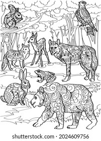 Different Forest Creatures Deer Fox Wolf Bear Rabbit With Tree Background Line Drawing. Multiple Wild Animals Eagle Frog In Jungle Backdrop Coloring Book Page.