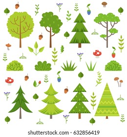 Different forest plants, trees mushrooms and other floral elements. Cartoon vector illustration isolate on white