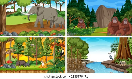 Different forest scenes with wild animals illustration