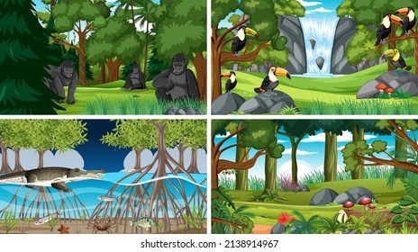 Different forest scenes with wild animals illustration