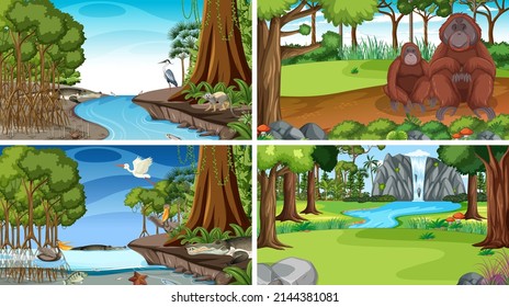 Different forest scenes with wild animals illustration