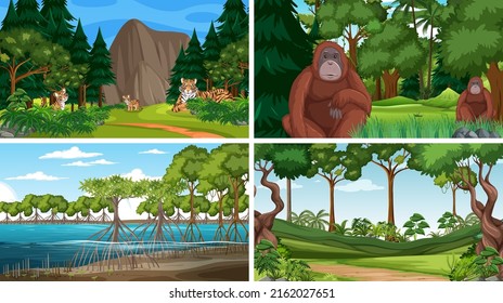 Different forest scenes with wild animals illustration