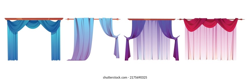 Different form curtains for windows vector cartoon set of house interior elements, window with drapes and blind isolated on white background