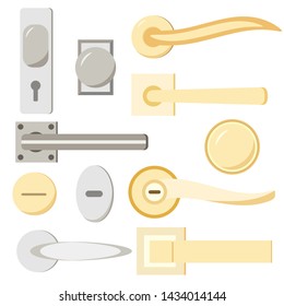 Different form lock metal silver and gold door or window handle set isolated on white background. Vector flat style illustration. Interior graphic design element collection. Front view.