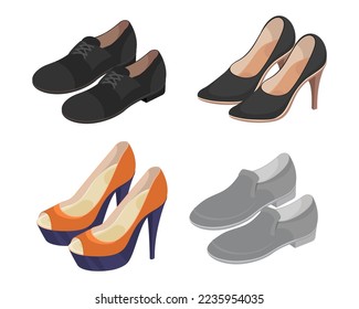 Diferentes zapatos formales para mujeres ilustraciones vectoriales. Colección de dibujos animados de zapatos femeninos de negocios con tacones bajos y altos sobre fondo blanco. Moda, accesorios, concepto de calzado