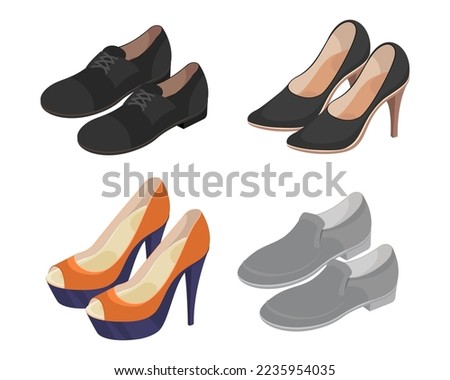 Different formal shoes for women vector illustrations set. Collection of cartoon drawings of female business shoes with low and high heels on white background. Fashion, accessories, footwear concept