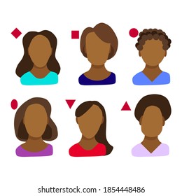 Verschiedene Formen der afroamerikanischen weiblichen Gesichter. Ovales, rundes, quadratisches, rechteckiges und diamantförmiges Gesicht eines Mädchens. Vektorvorlage für die Brillenform.Vektorgrafik im Flachstil