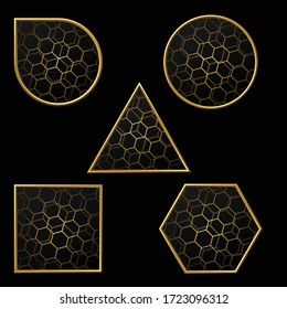 Formas diferentes formas formas geométricas con cuadrícula de color dorado aisladas en fondo negro