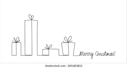 Different Forms Gift Boxes And Merry Christmas Text Drawn By One Line. Isolated. Greeting Banner Or Card. Continuous Line Drawing Art. Vector Illustration,